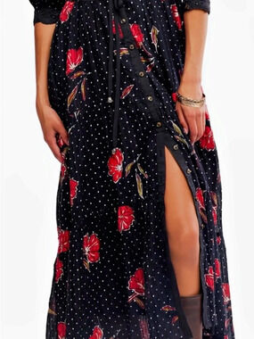 Free People Morning Meadows Lace Trim Floral Maxi Dress Black, Red, White Polkad